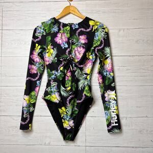 Hurley Bath Suit Womens Size Large Colorful Floral One Piece Cut Out Twist Front